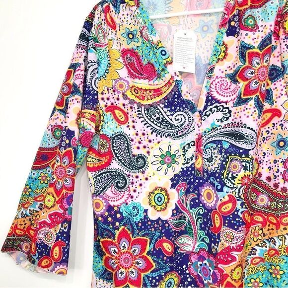 Multi colored Vibrant Paisley Print Popover Swim Cover Up Dress - Picture 4 of 11